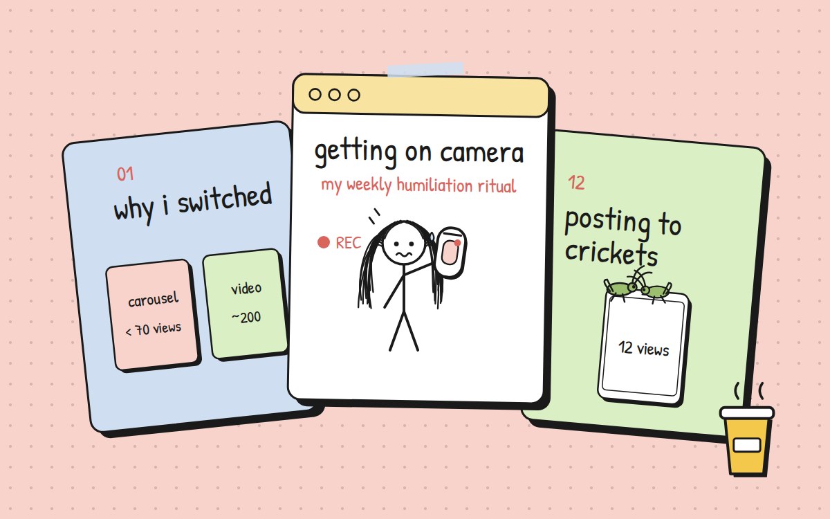 Three pages of the book fanned out: why I switched to video, a stick figure nervously holding up a phone, and a phone reading 12 views with crickets sitting on it, next to a coffee