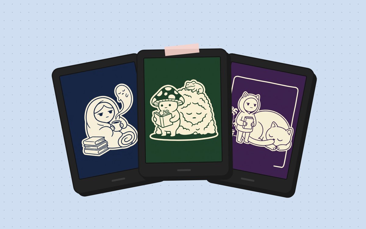 Three Kindles fanned out, showing the Blanket Burrito, Cottagecore Escape and WFH Desk Buddy screensavers