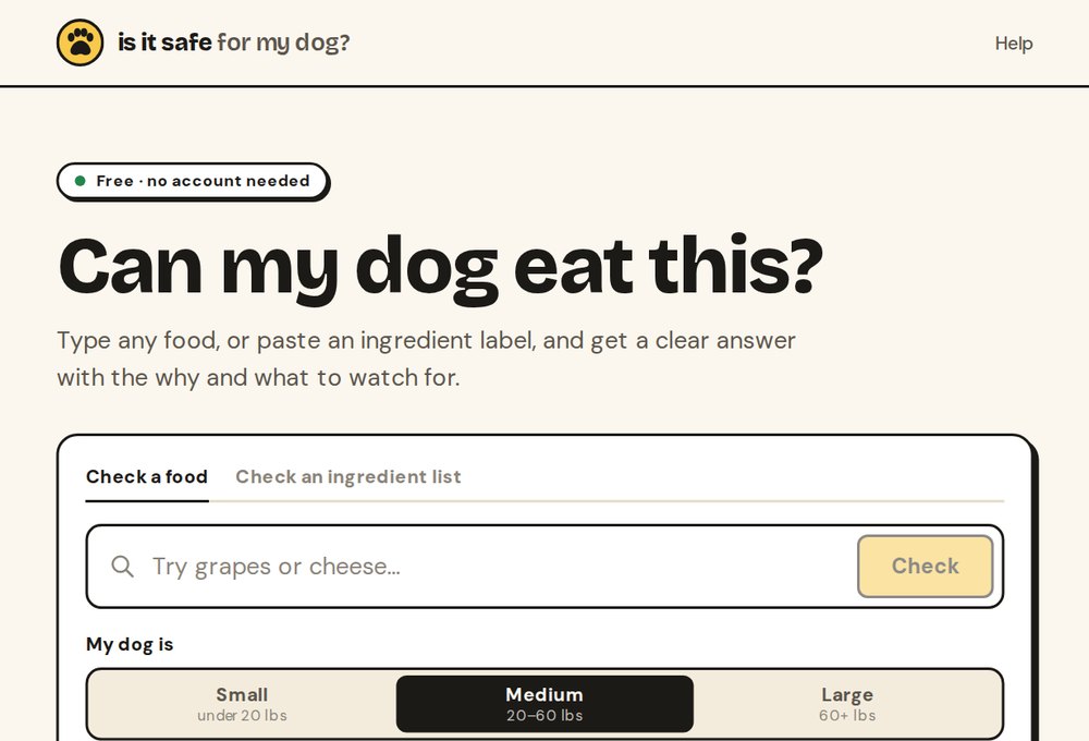 The dog food checker: ‘Can my dog eat this?’ above a search box and dog size options