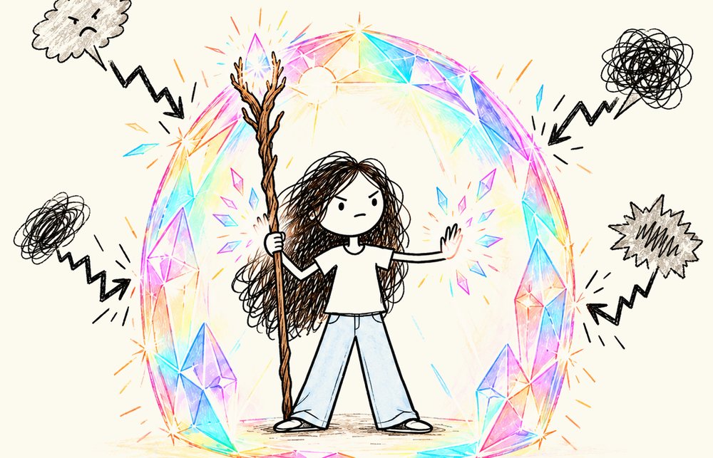 Em with a wooden staff inside a rainbow crystal shield, with a grumpy cloud, scribbles and a spiky burst firing zigzag arrows at it