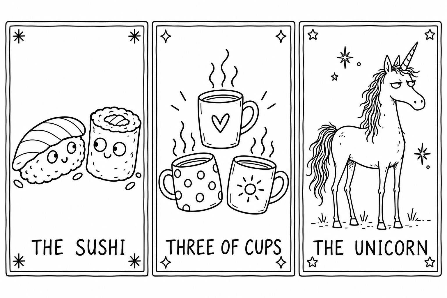 Three illustrated tarot cards: The Sushi, Three of Cups, and The Unicorn.