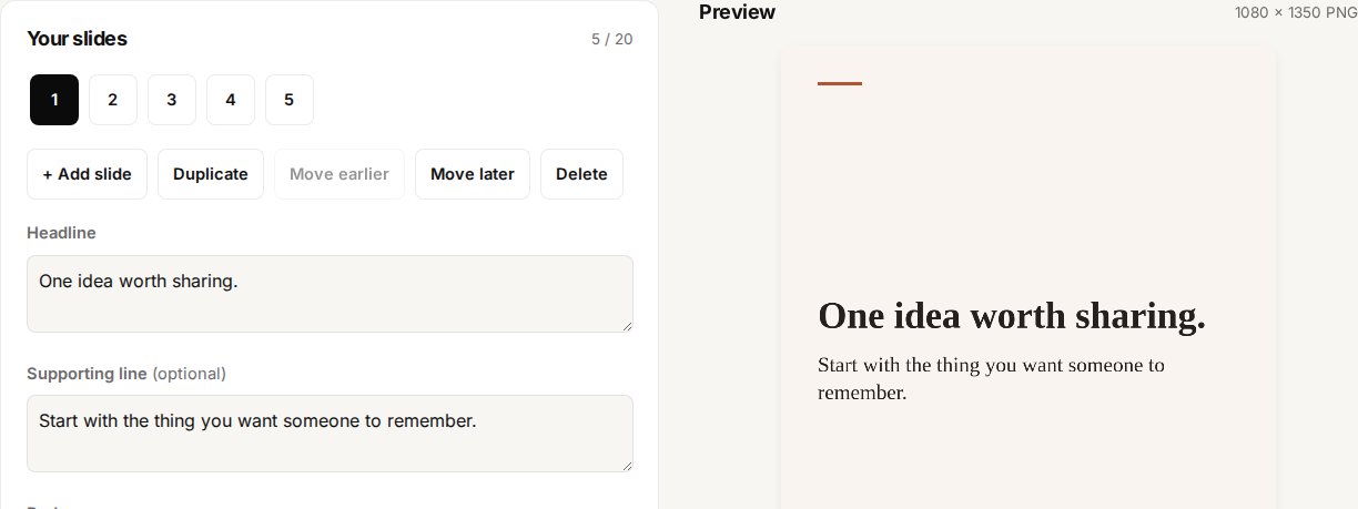 The carousel editor beside a finished slide preview